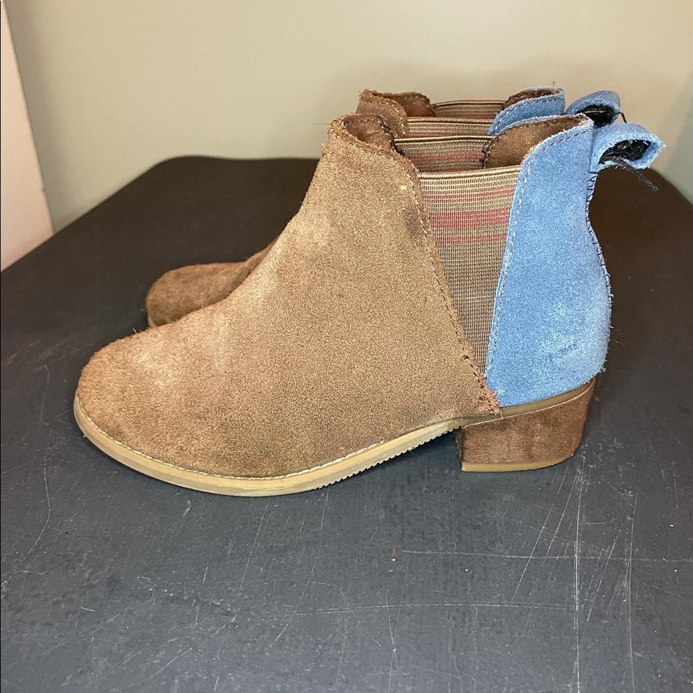 Blue and tan Toms boots , youth 13.5